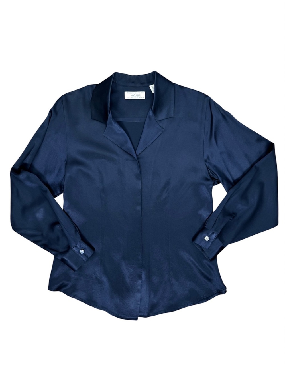 100% Silk Navy Blue Button-Front Long Sleeve Blouse - Picture 16 of 16
